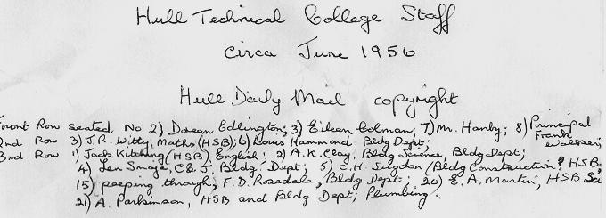 Hull Tech College Staff Names   June 1956 